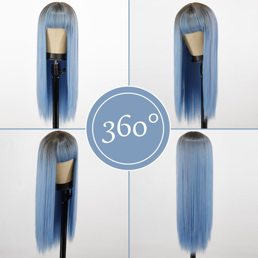 MISS WIG Peruci sintetice lungi, drepte, albastre, fibre de temperatură înaltă, pentru femei, peruci de păr de zi cu zi pentru petreceri, cu breton