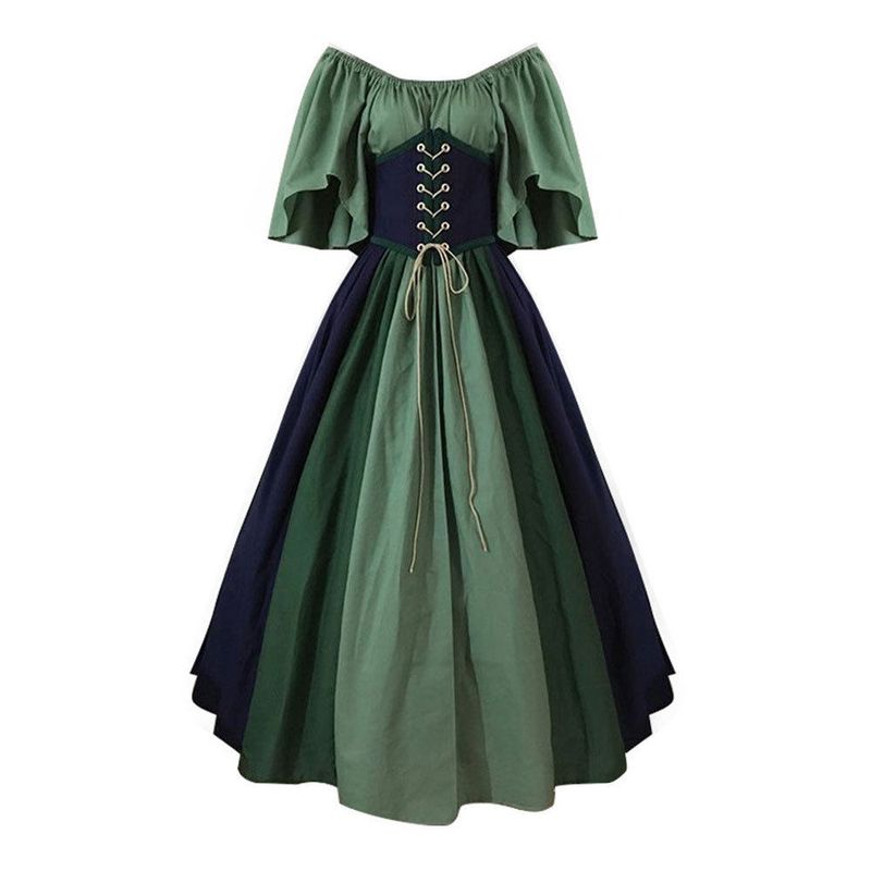 European and American Medieval Retro Color-Blocking Patchwork Dress with Flying Sleeves, Tie-Waist, and Large Hem, Performance Dress Factory