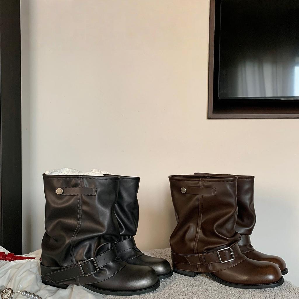 2025 autumn new heightening western cowboy stacking boots women's pleated trousers short boots retro knight martin boots