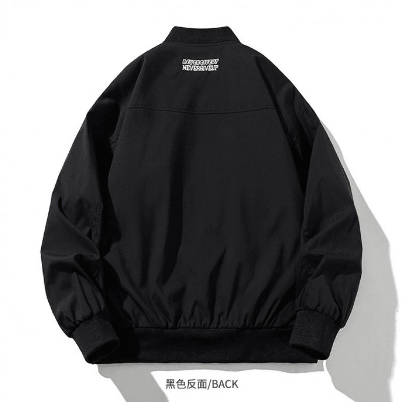 Black Stand Collar Zip-Up Oversized Utility Jacket Men Women Streetwear Casual Bomber Coat