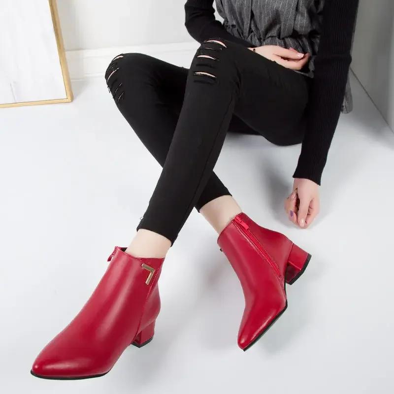 Fashion Women Boots Casual Leather Low High Heels Spring Shoes Woman Pointed Toe Rubber Ankle Boots Black Red Zapatos Mujer785