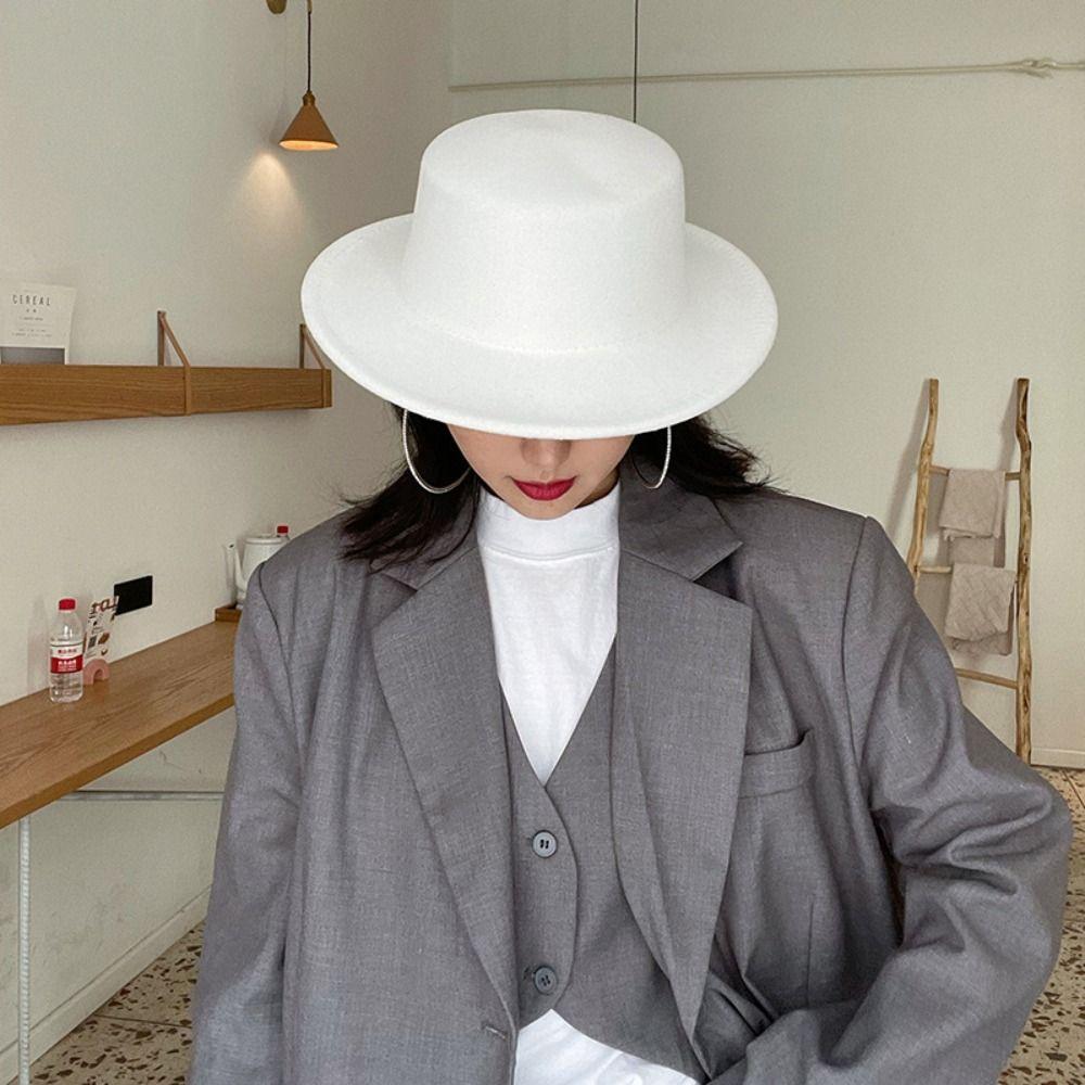 Wide Brim Felt Hat Retro Flat-top Cap New Women Flatcap  Church