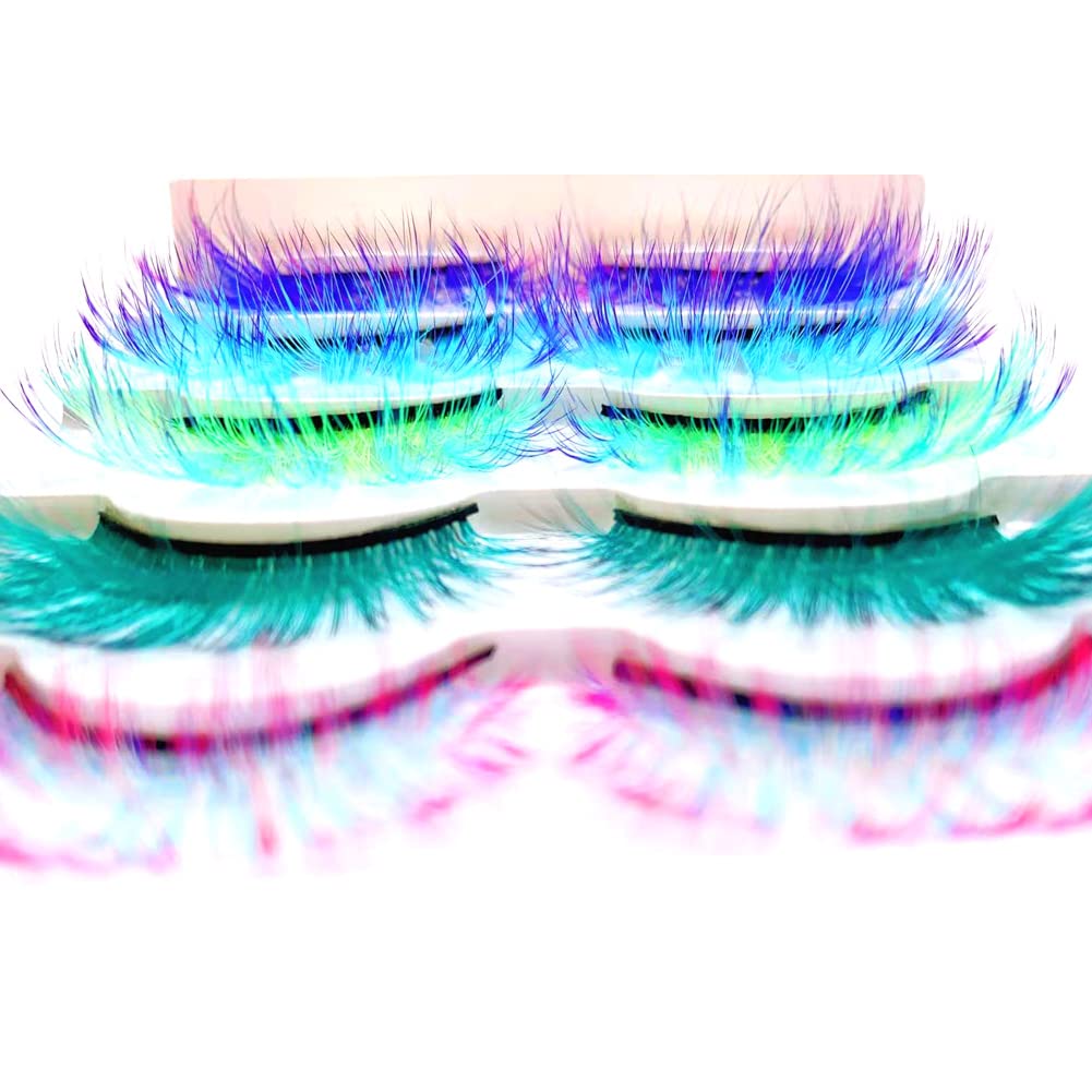 Sunniess Ombre Colored Lashes Silk Protein Fluffy Wispy Volume Fake Lashes for Halloweens Cosplay Party Stage Russian D Curl Lashes with Color Make