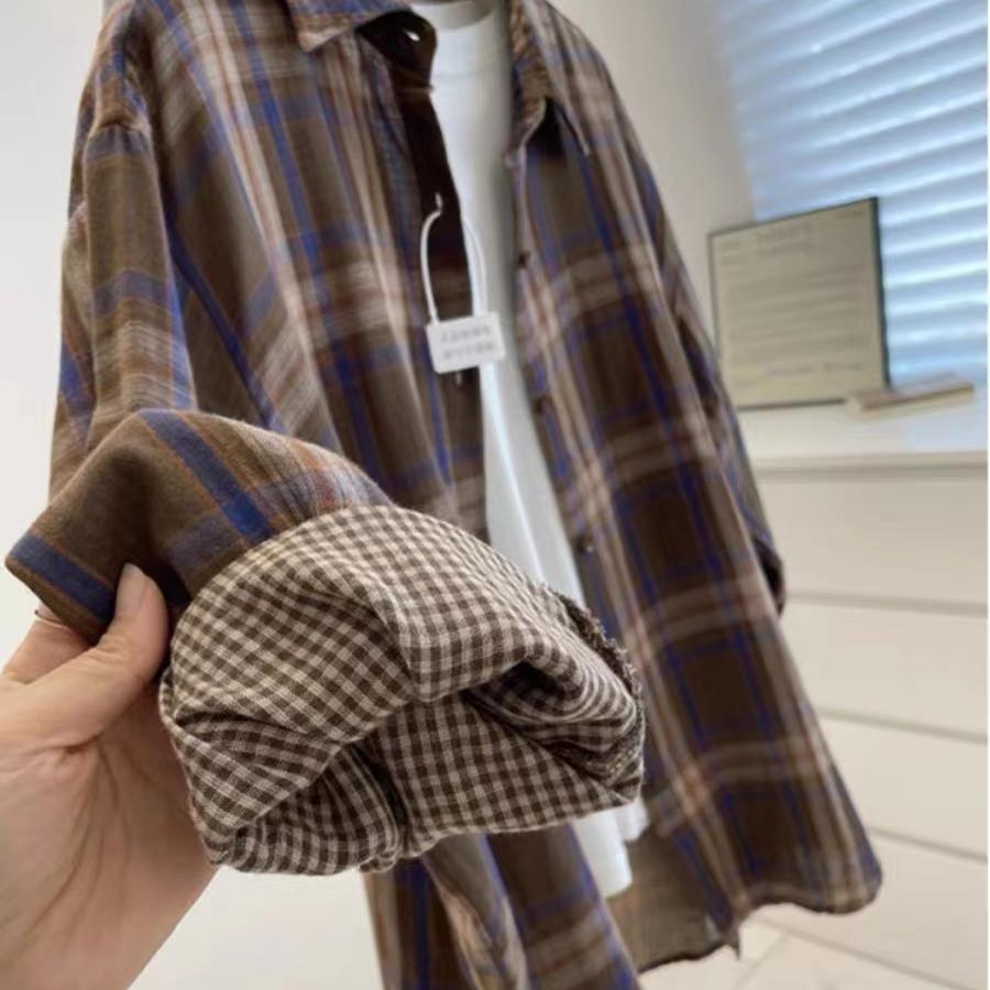 Women Casual Retro Plaid Long Sleeved Shirt French Lazy Style Autumn Loose Versatile Cardigan Fashionable Lapel Single Breasted Blouse