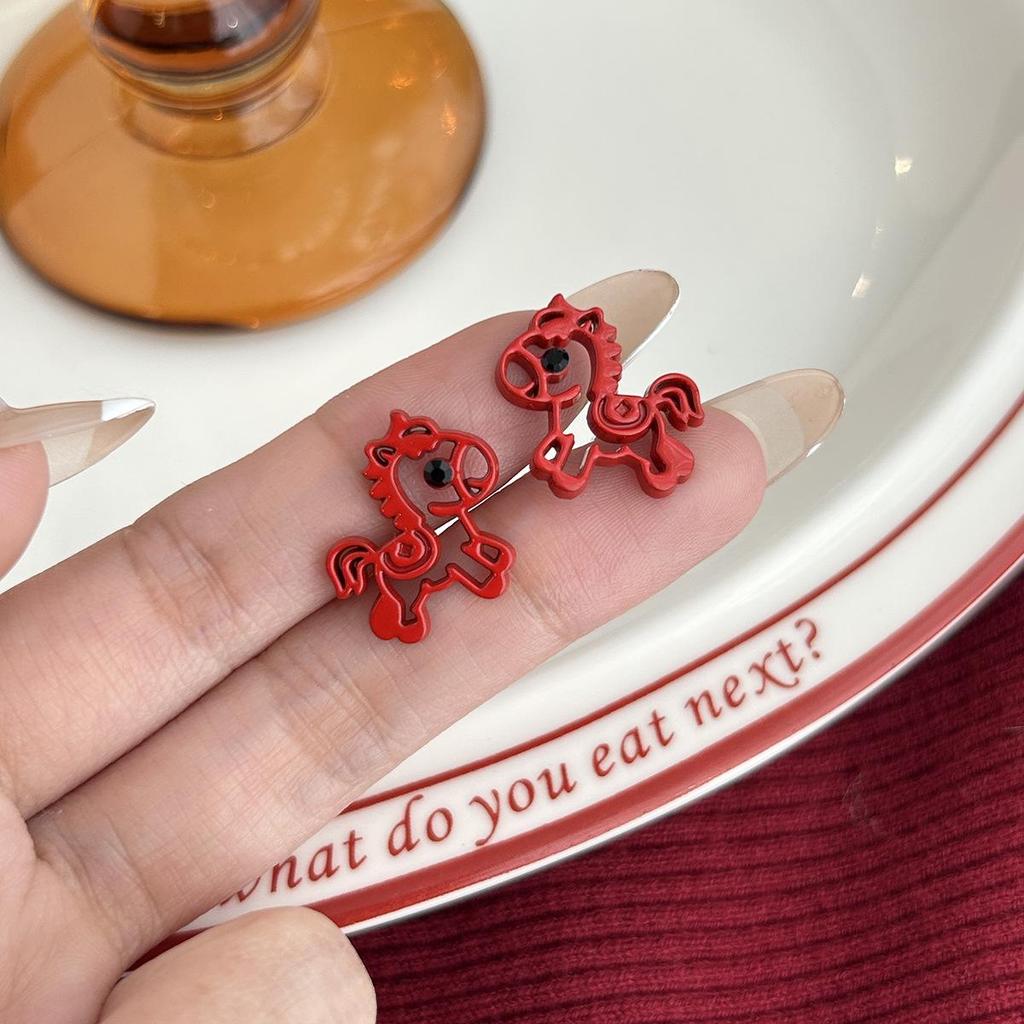 Year of the Horse 925 Sterling Silver Diamond Enamel Stud Earrings with Pearls - Retro High-End Design