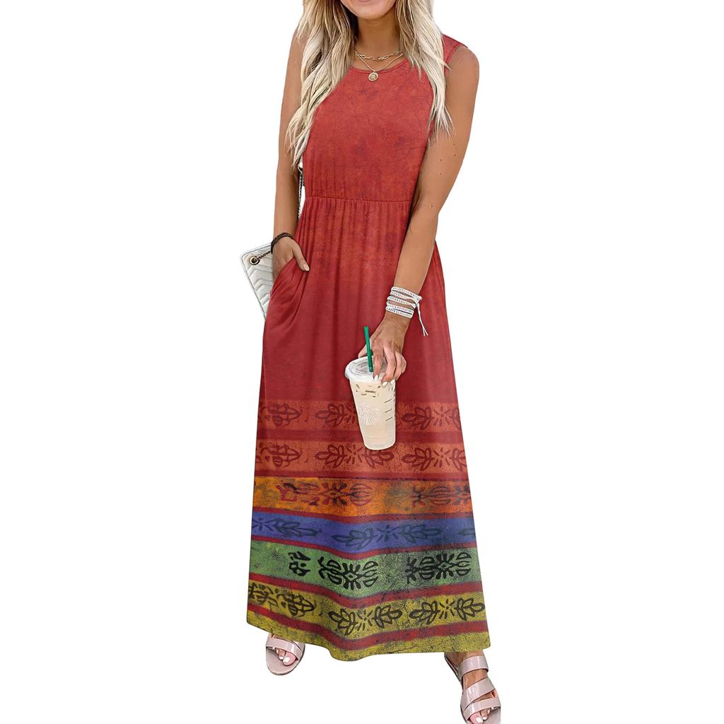 Ladies' Floral Print Casual And Fashionable Waist Cinched Sleeveless Dress