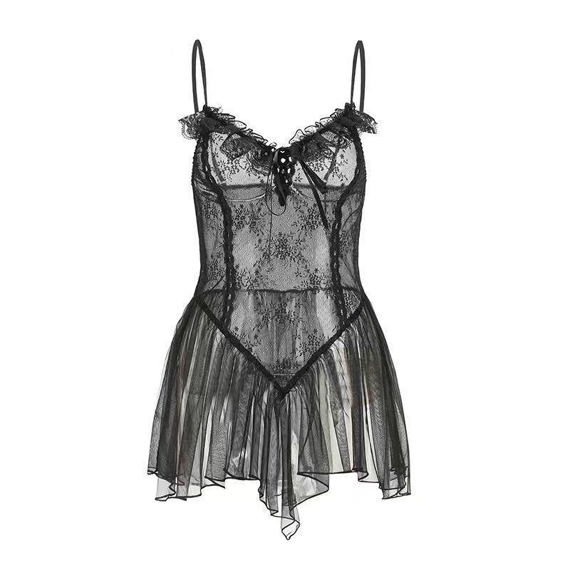 Plus Size Sheer Princess Nightgown - Sexy Fishnet Strappy Style for Small Chest