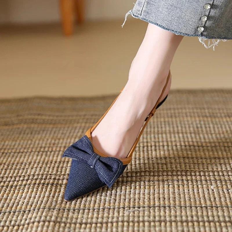 Fashion Pointed Heel Sandals Velvet Shoes Suit Female Beige 2025 Women's Suede Low Closed Denim Black Fashion Real Girls Stiletto Retro