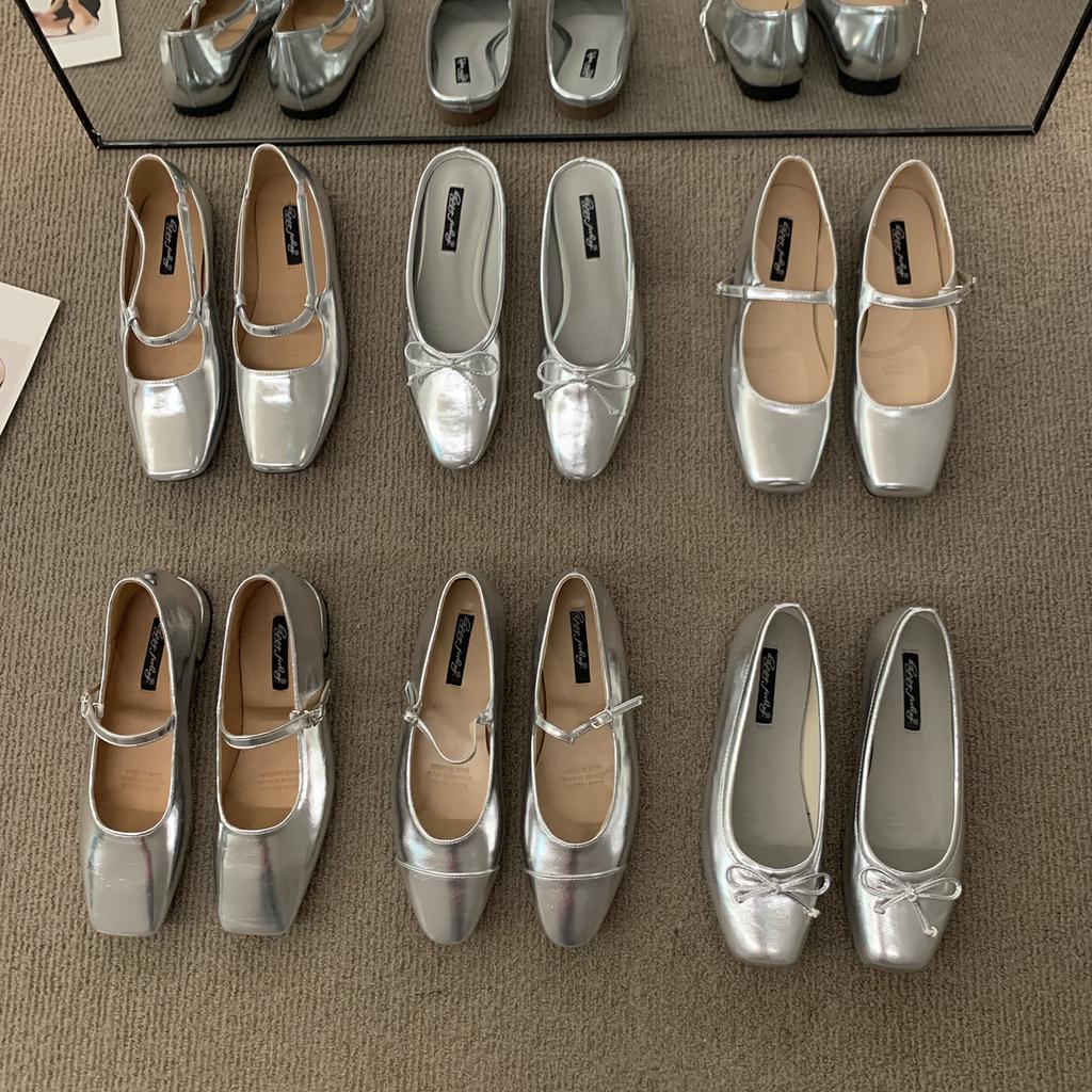 Fashion Bailamos Women Fashing Silver Flats Ballerina Shoes Round Toe Shallow Slip On Ladies Ballet Shoes Soft Loafer Zapatos Mujer 40