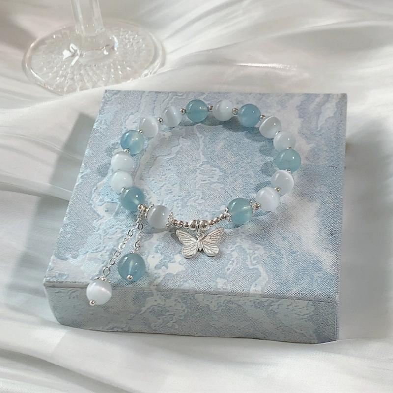 Schmetterlingsarmband aus Sterlingsilber mit Meersalzmotiv, Aquamarin-Armband, Quastenarmband mit Katzenaugenstein, Kristallschmuck-Geschenk