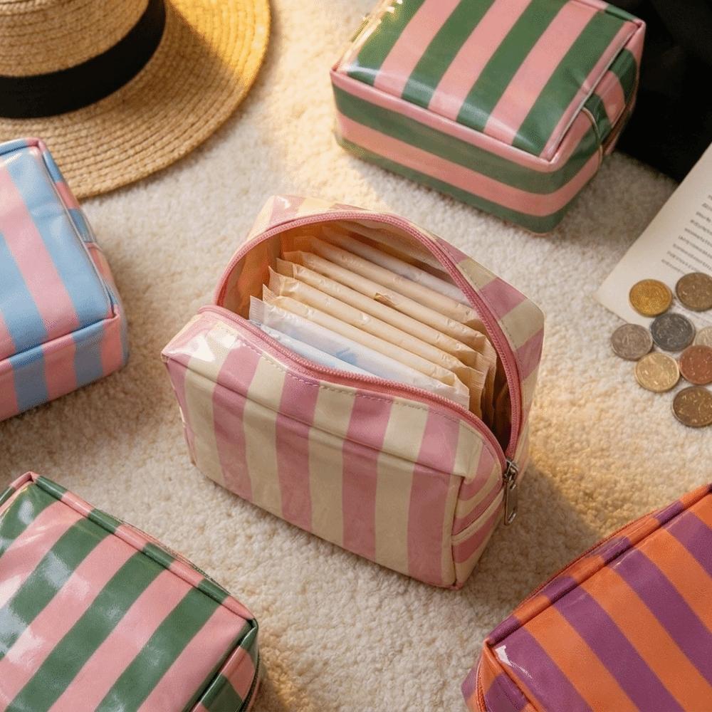 Portable PVC Striped Makeup Bag Mini Cosmetic Pouch Cute Toiletry Bag Daily Use