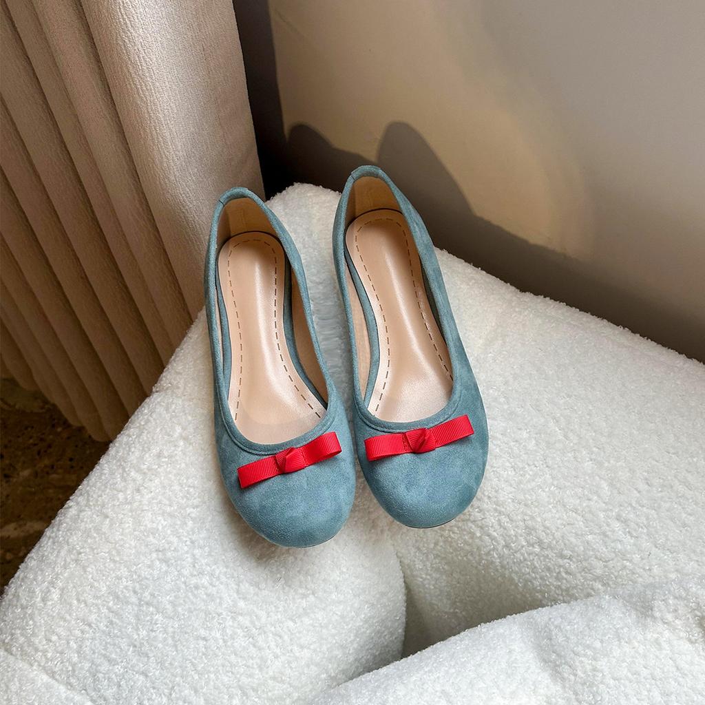 Sheepskin Version~ French Bow Round Head Ballet Shoes Women's Blue Flats Fairy Evening Breeze Light Mouth Single Shoes