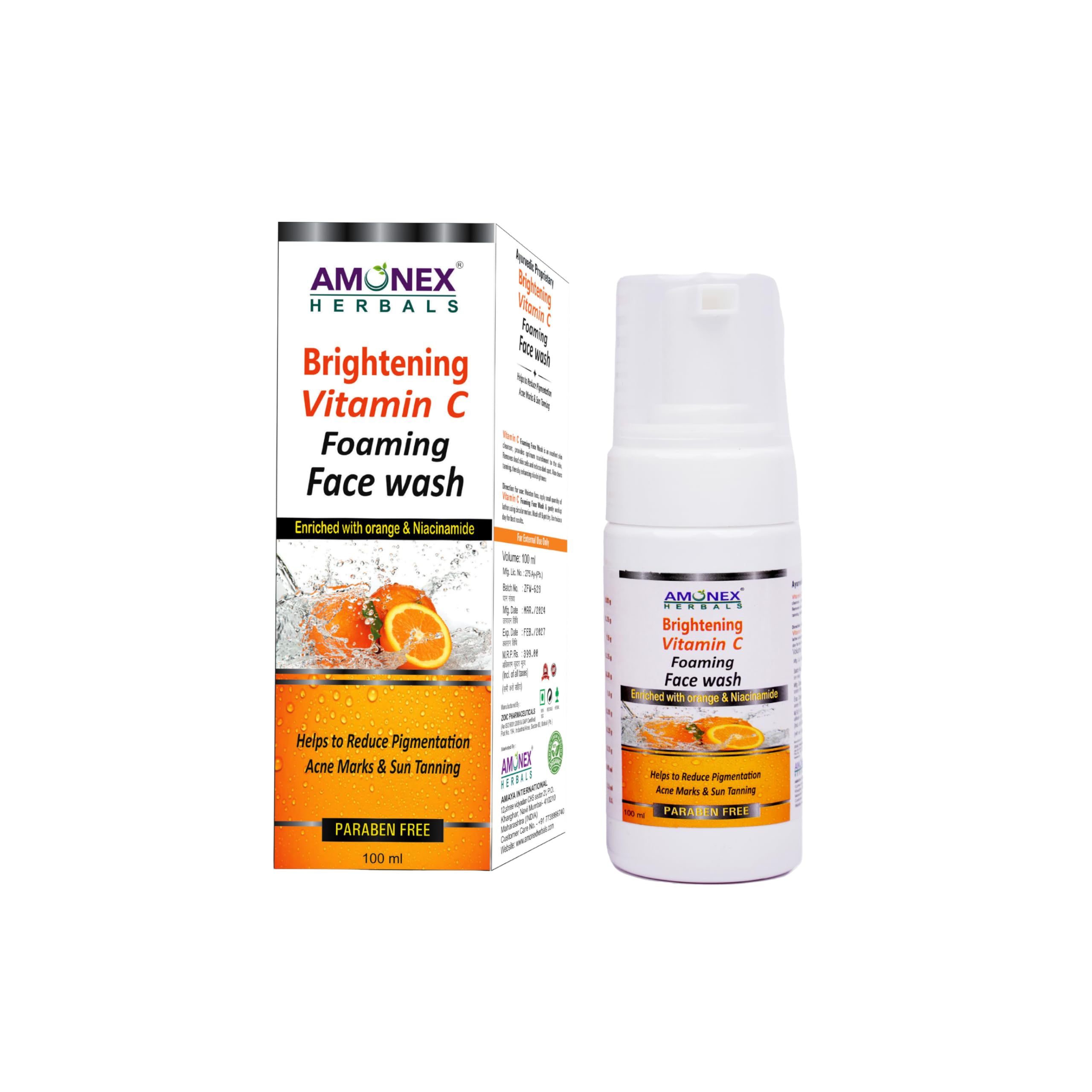 Amonex Skin Brightening Vitamin C Foaming Face Wash - With Lemon & Orange Essential Oils - For Skin Brightening - No Parabens, Sulphate, Silicones