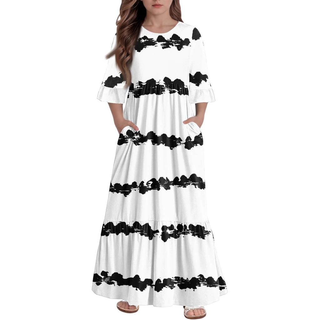 Girls' Tiered Ruffle Dress - 3/4 Sleeve Pocket Maxi With Pockets