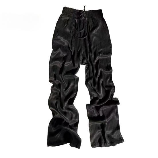 Women's Pants Elastic High Waist Straight Wide Leg Trousers Loose Solid Color Drawstring Long Pants