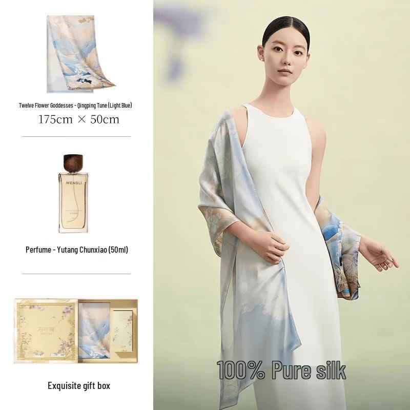 Wansli Twelve Flower Deities Qingping Tune Silk Scarf & Perfume Gift Set