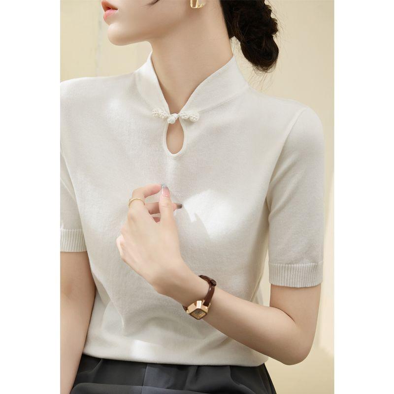 

Летняя футболка из лиоцелла Tencel с коротким рукавом, ледяной шелк, тонкая, в новом китайском стиле, ципао, застежка-лягушка, маленький воротник-стойка, трикотажный топ