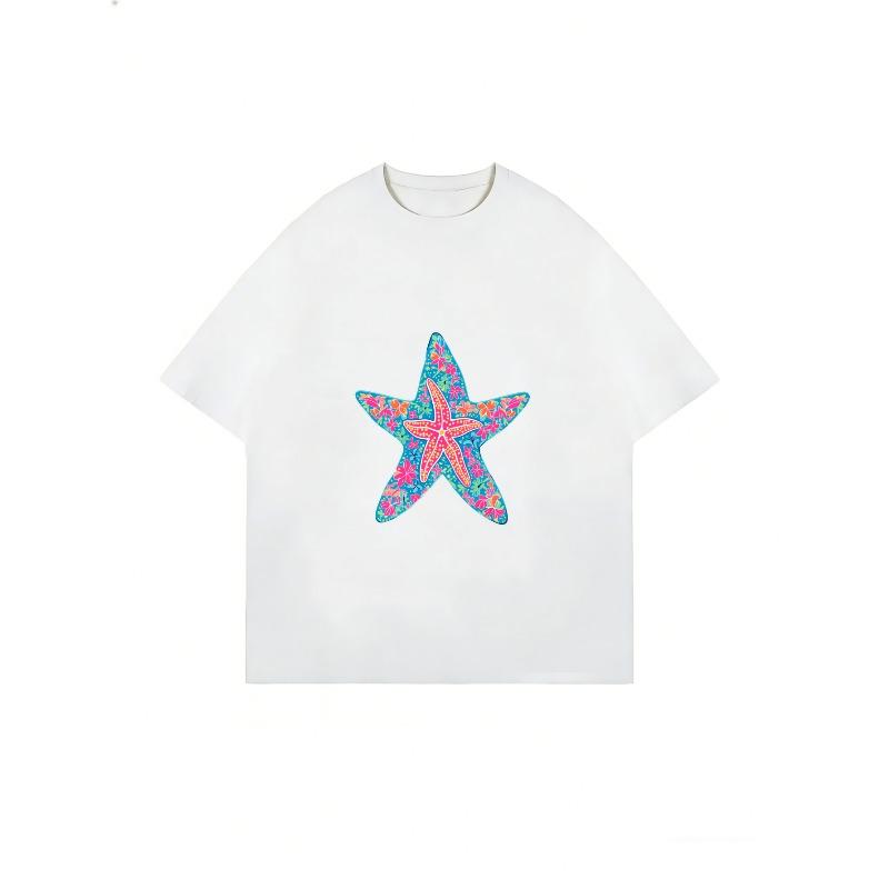 White Crew Neck T Shirt With Colorful Starfish Print For Beach And Summer Outfits