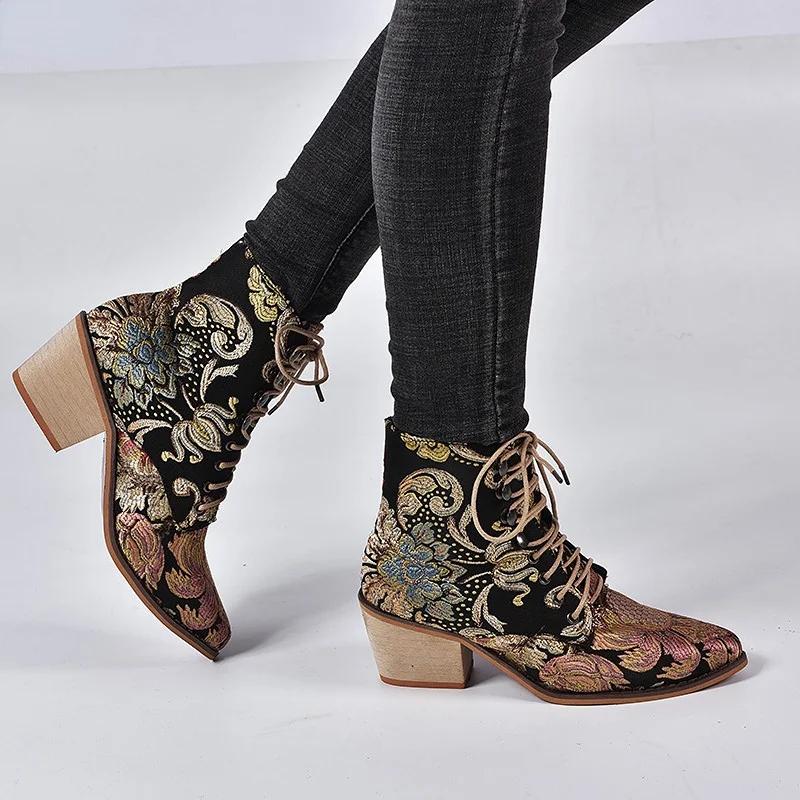 New Thick Heel Lace-up Women's Shoes Embroidered 35-43 Plus Size Fashion Retro Warm Short Boot Botas Femininas