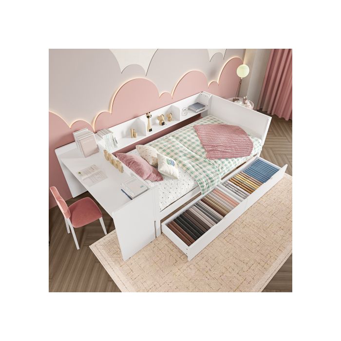 Lit - Blanc - 90x200 Cm - Bureau À 2 Tiroirs - Bois Massif - 1 Place