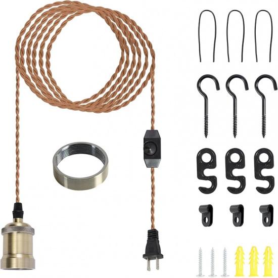Plug in Pendant Light Cord hanging light kit with dimmer switch,Farmhouse Hanging Lights19.69 ft power cord length,Hemp Rope Plug in black Hanging