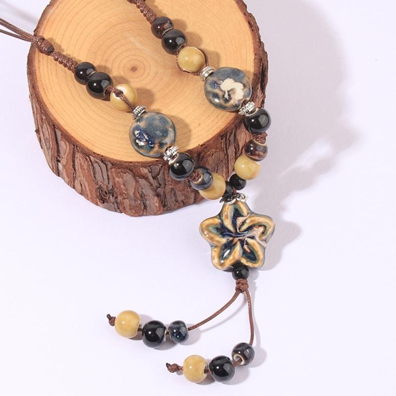 Bohemian Flower Colorful Ceramic Bead Necklace Tricolor-Beaded Jewelry Flower Tassel Choker Chain Jewelry Gift for Women