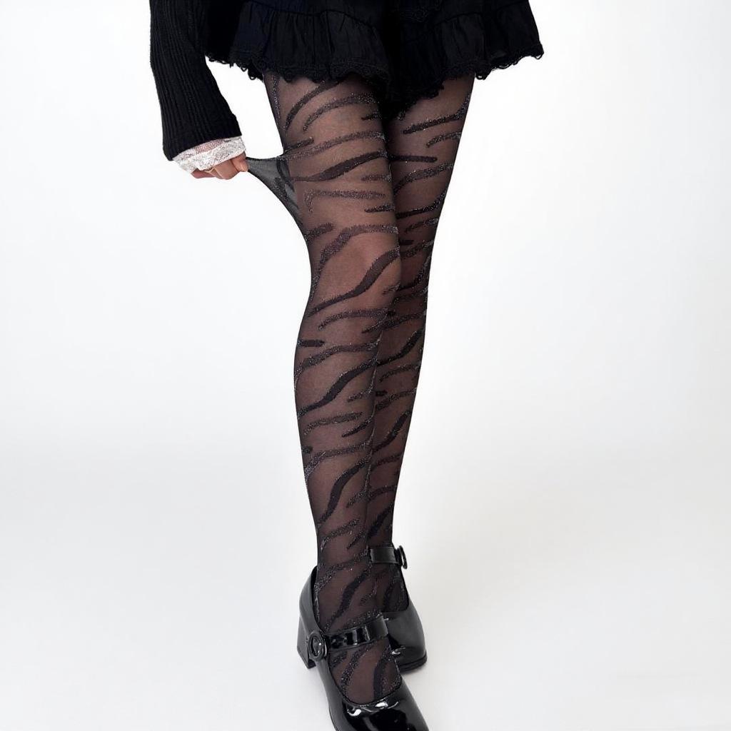 Calze Sexy con Stampa Zebrata e Filo Argentato - Eleganti Collant Jacquard Neri e Grigi Europei e Americani per Primavera e Autunno