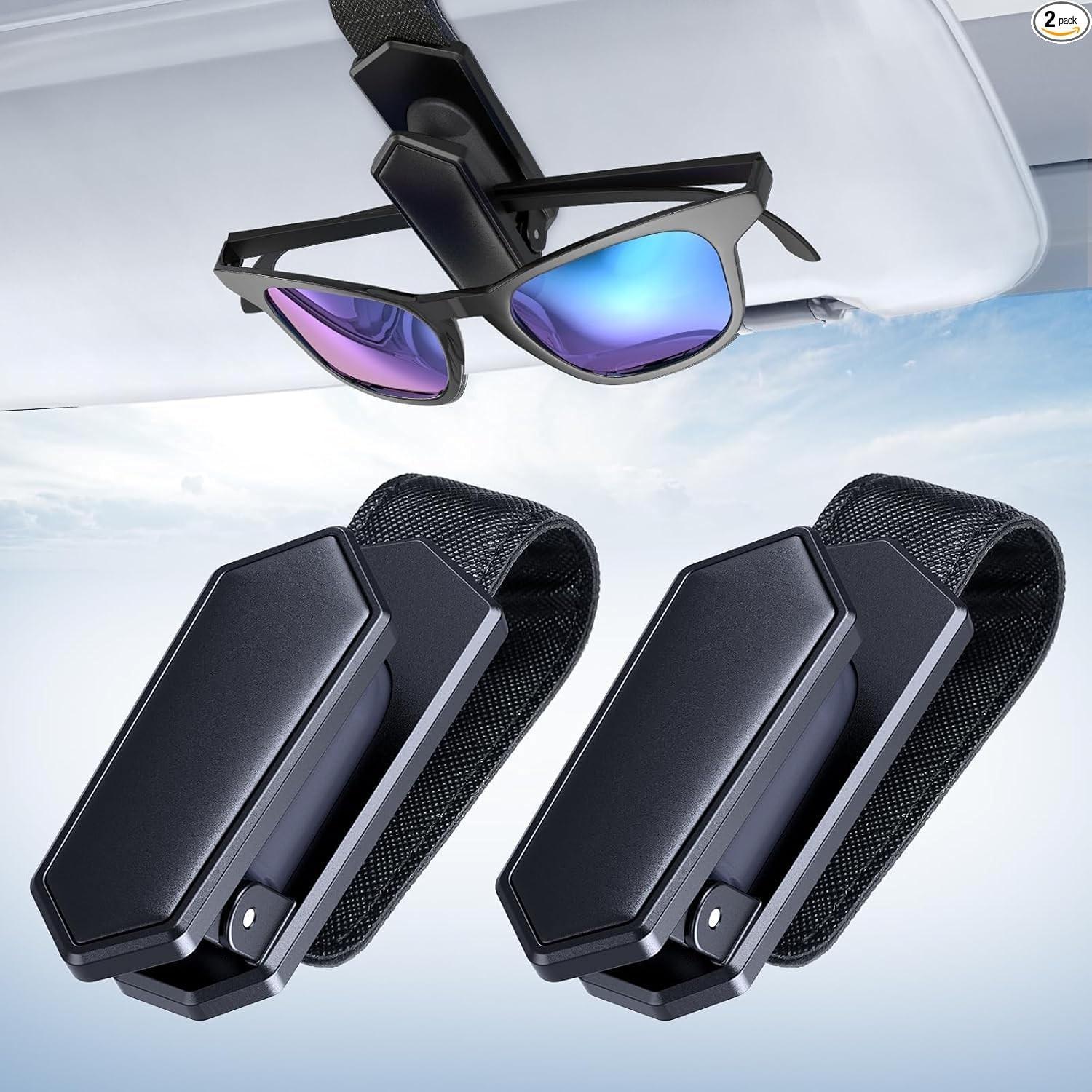 One-Handed-Operation Sunglasses Holder for Car, Visor Sunglass Holder 2 Pack