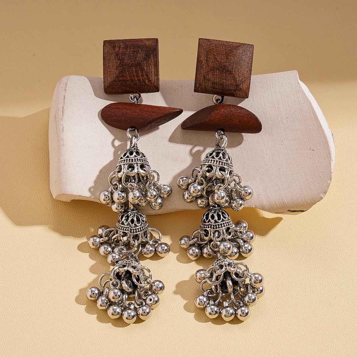 Деревянные полые квадратные ветряные колокольчики в этническом стиле серебряные серьги-гвоздики богемные серьги
