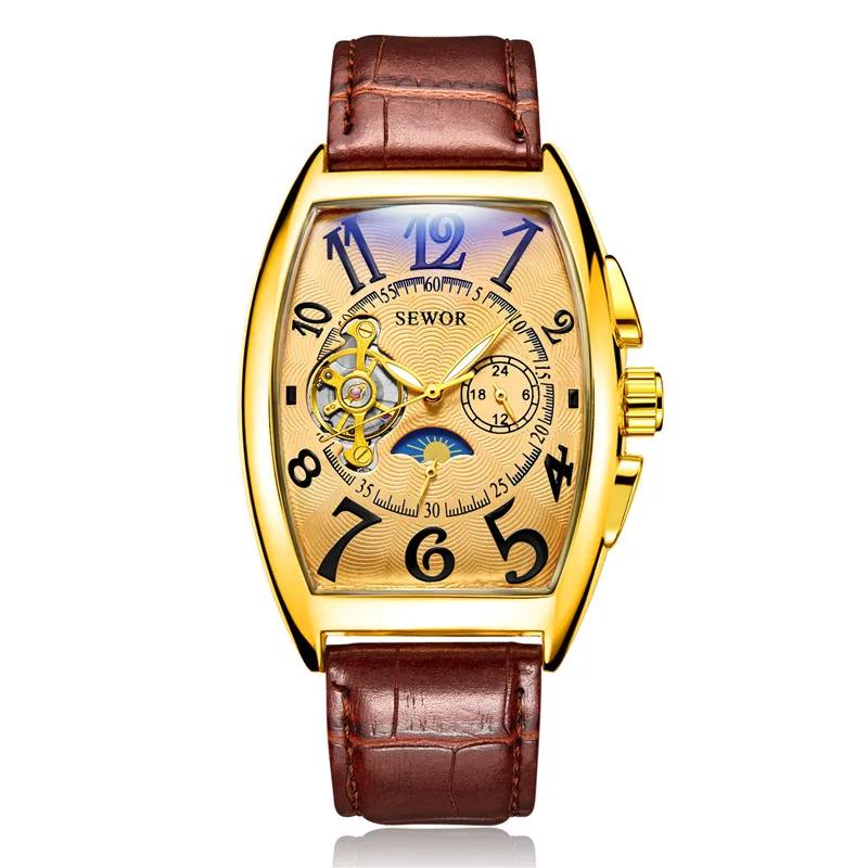 Ceas SEWOR Ceasuri Luxury Tourbillon Bărbați Modă Tip Butoi Fază Lunară Secunde Mici Ceasuri de Mână Mecanice Automate Bărbați beige