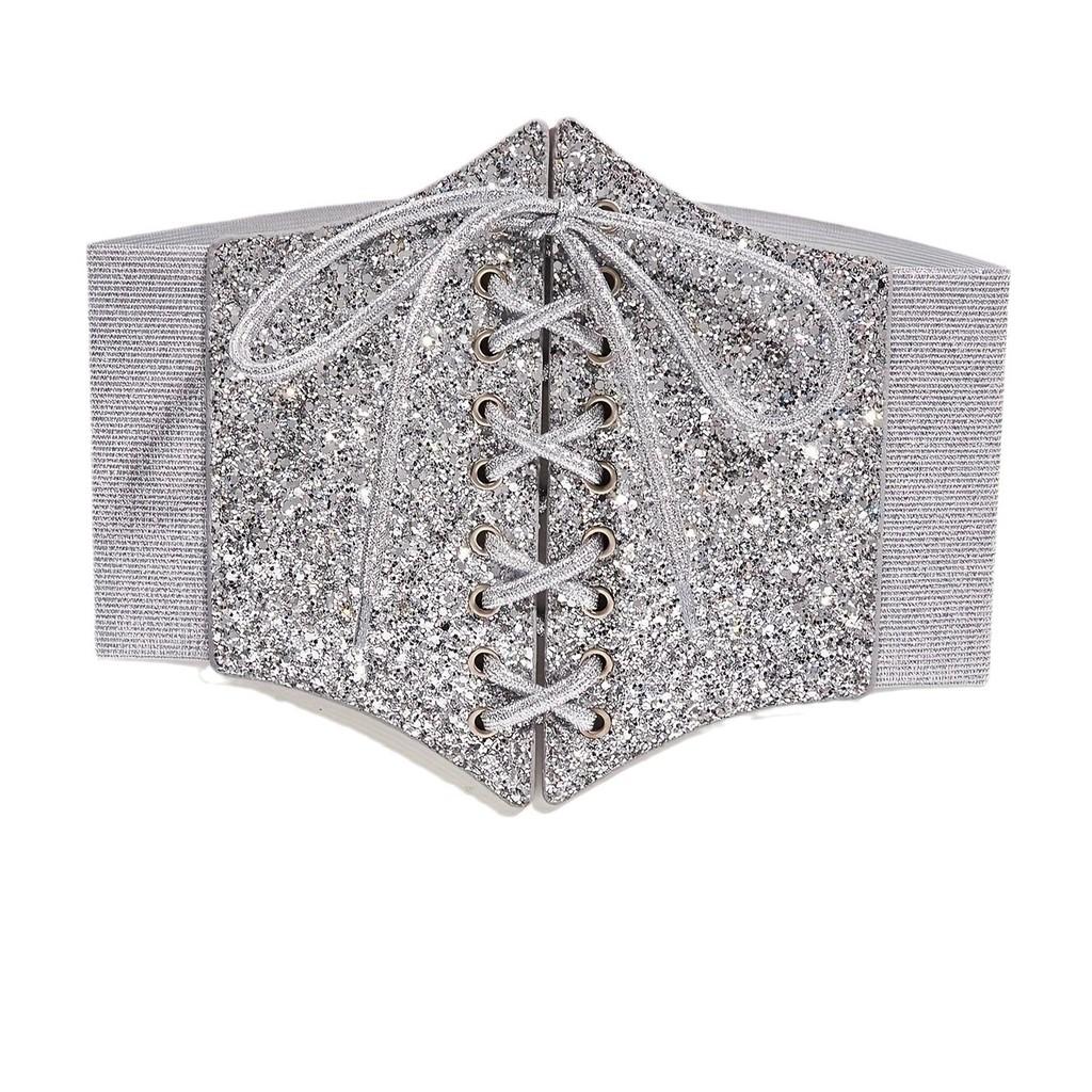 Trendy Black Glitter Belt With Wide Elastic For Outerwear And Fashionable Waist Styling 2024 Winter Silver Glitter
