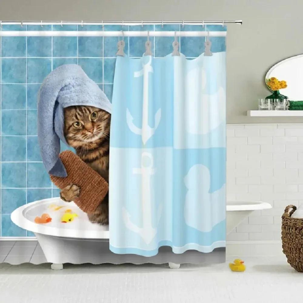 Funny Shower Curtains Bathroom Curtain With Hooks Decor Waterproof Cute Cat Dinosaur Bath Polyester Fabric