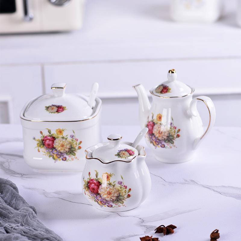 Lotus Ceramic Condiment Jar Set for Salt, Sugar, Soy Sauce, and Vinegar
