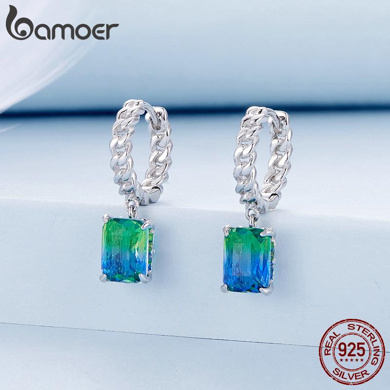 

Женские серьги-кольца BAMOER из стерлингового серебра 925 пробы, синие и зеленые турмалиновые серьги-кольца с пряжками для вечеринок, элегантные ювелирные изделия 925 silver