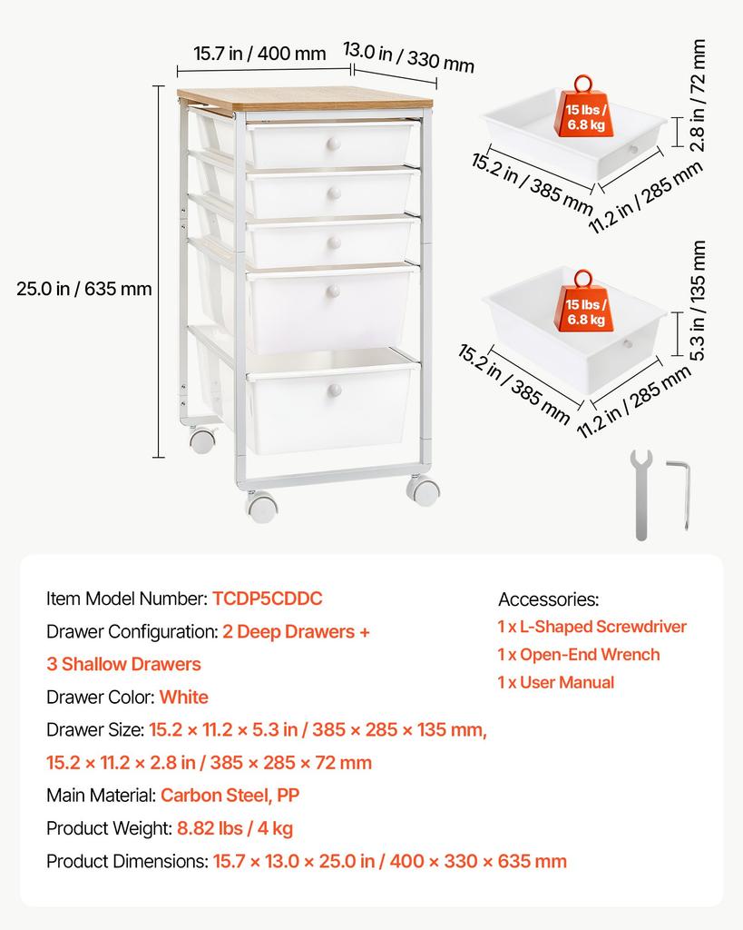 VEVOR Rolling Cart with Drawers, 5 Drawer Storage Organizer, Mobile Utility Cart with Wood Top, Steel Frame, Universal Casters & 2 Brakes