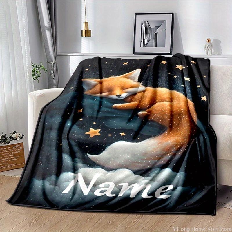 Personalized Custom Name Fox Design Throw Blanket Ultra-Soft Lightweight and Machine Washable for Sofa Bedroom Travel-Friendly