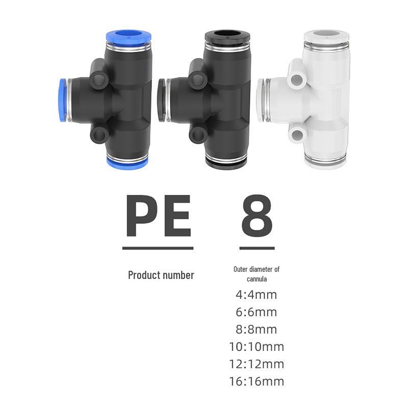 White Plastic Pneumatic Tee Connector, PE46, 8/10/12/16mm, T-Shaped, Quick Push-in Air Tube Reducing Adapter