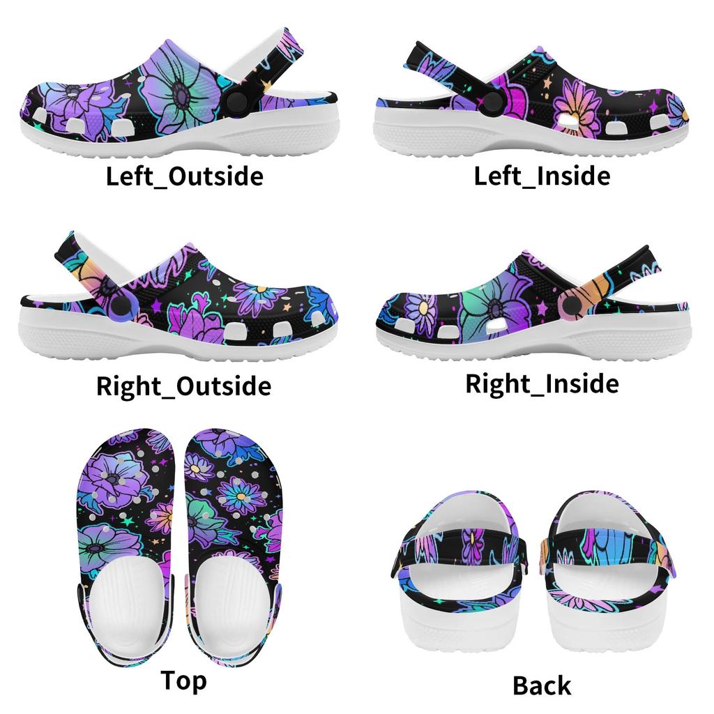 White EVA Clogs with Rainbow Skull Print, Lightweight Slip On Garden Shoes, Breathable Beach Sandals, Indoor Outdoor Slippers for Men Women