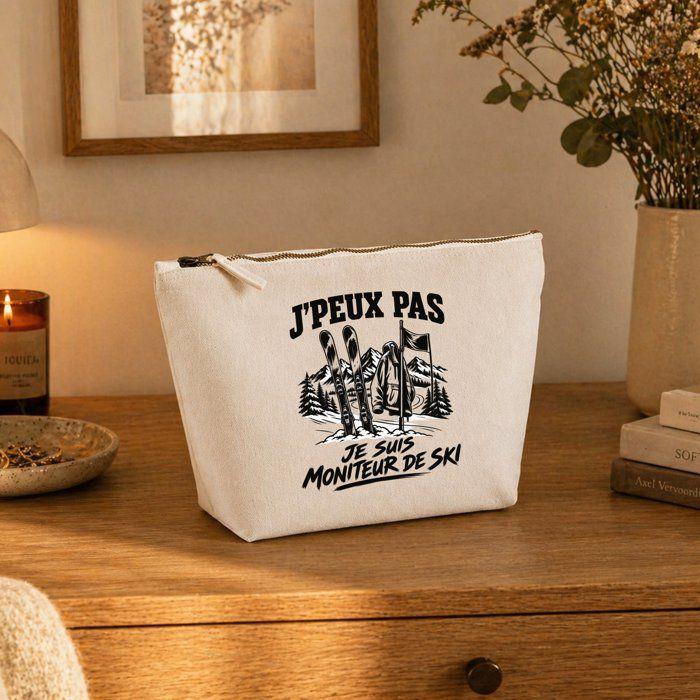 Trousse de toilette - PLANETEE - J’peux pas je suis Moniteur de ski - Beige - 100% coton - Zip métal
