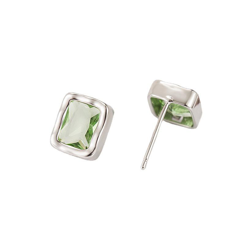 Elegant Green Zircon Square Stud Earrings for Women - High-End Hong Kong Style, Unique and Sophisticated Design.