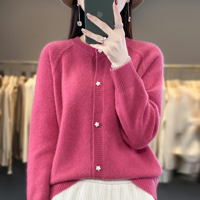Women's 100% Cashmere Solid Color Cardigan - Round Neck, Long Sleeve (Autumn/Winter 2024)