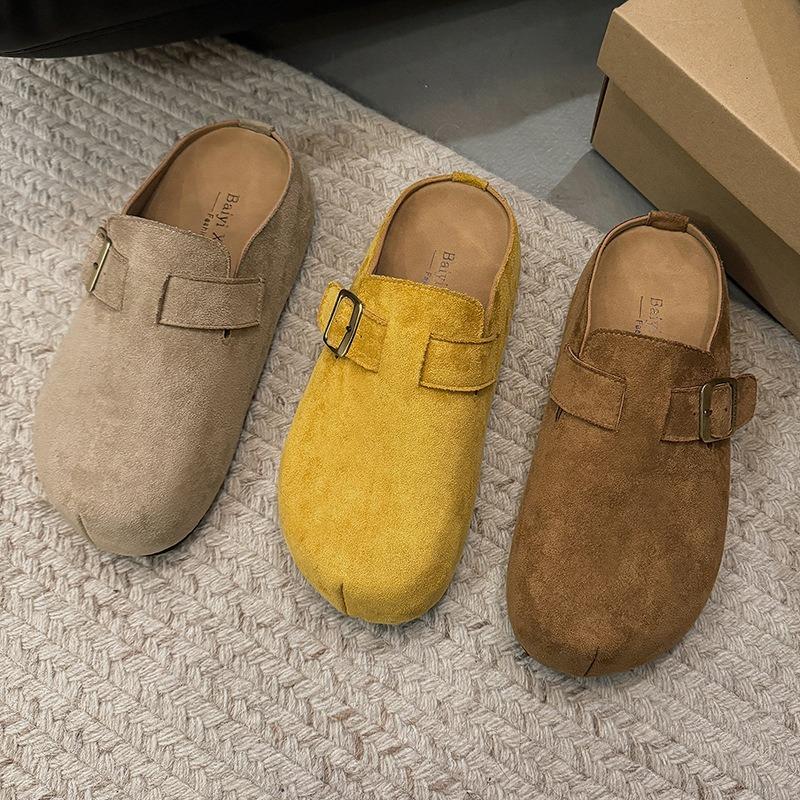 Retro baotou half-drag women wear autumn new comfortable lazy shoes thick-soled inner height-increasing slippers