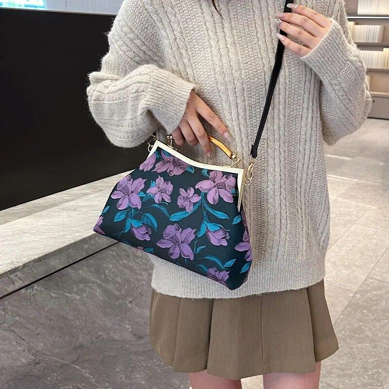 Vintage Designer Women Chain Shoulder Bags Clutch Crossbody Bags Wedding Lock Shell Clip Designer Purple Yellow Flower Handbags