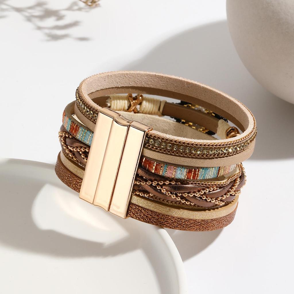 Böhmisches handgefertigtes gewebtes Lederarmband mit Augenperlen - Damen Einfacher Schmuck
