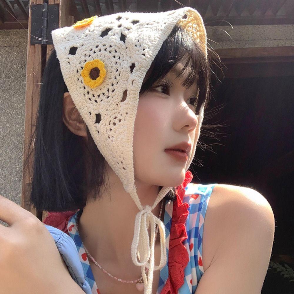 Sweet Floral Knitted Headband Flower Crochet Bandana Elegant Ethnic Style Turban  Children
