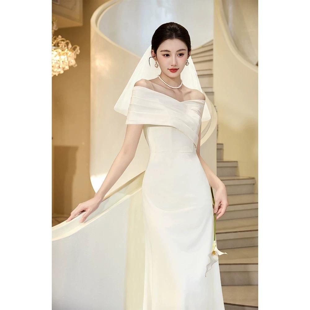 French One-word Shoulder Small White Dress White Light Dress Travel Photo Light Wedding Dress Registration Engagement Dress Dress