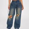 ROADVIBE Jeans for kvinner Retro Hullemønster Vasket Jeans Knehull Rippede Vide Ben Denimbukser for kvinner