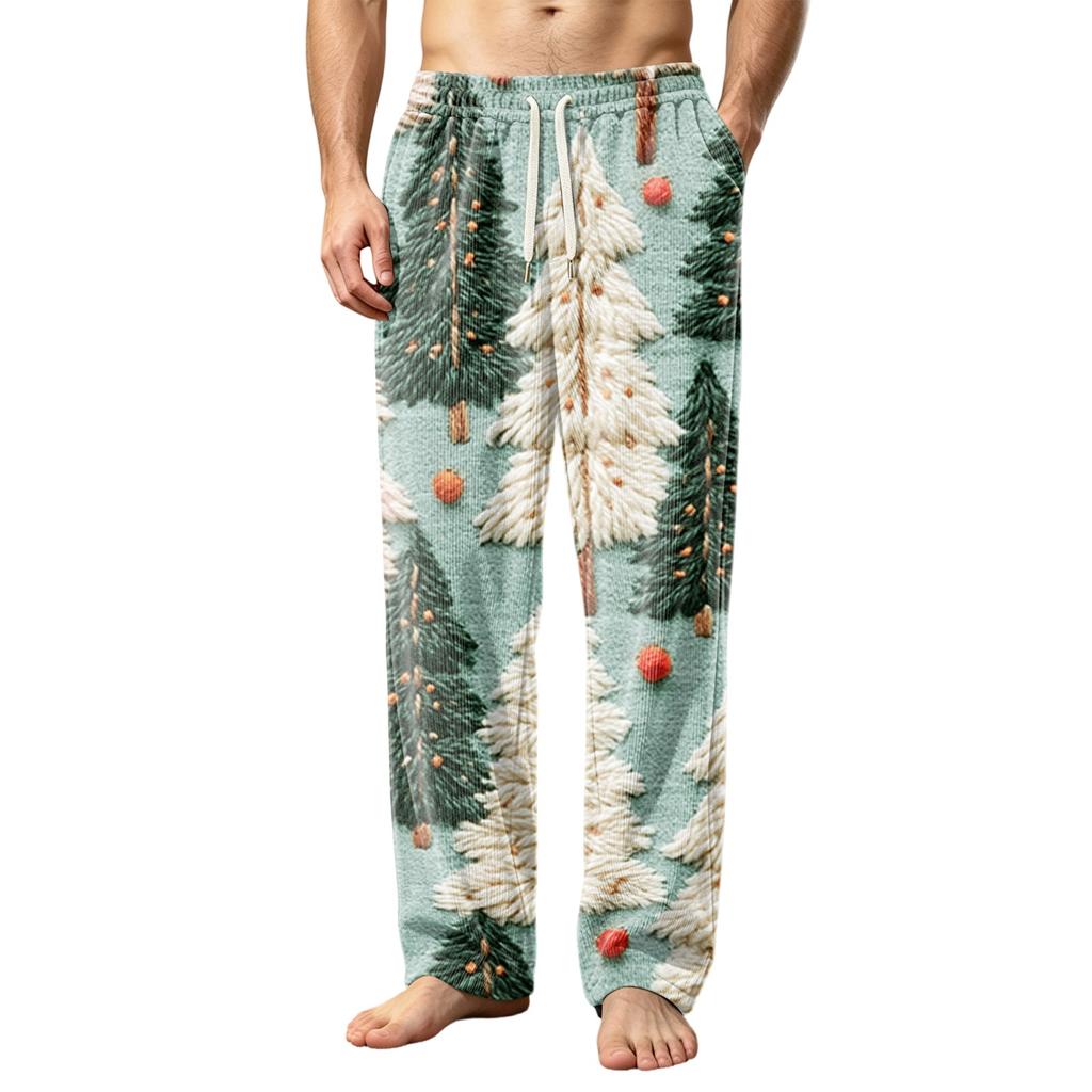 Men's Printed Corduroy Pajama Pants with Pockets, Casual and Sleep Bottoms