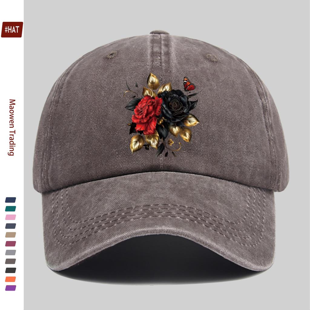 pc pcs Red  Black Rose Trucker Cap for Men  Women  Adjustable Washed Buckle Strap Vintage Washed Baseball Hat Suitable for