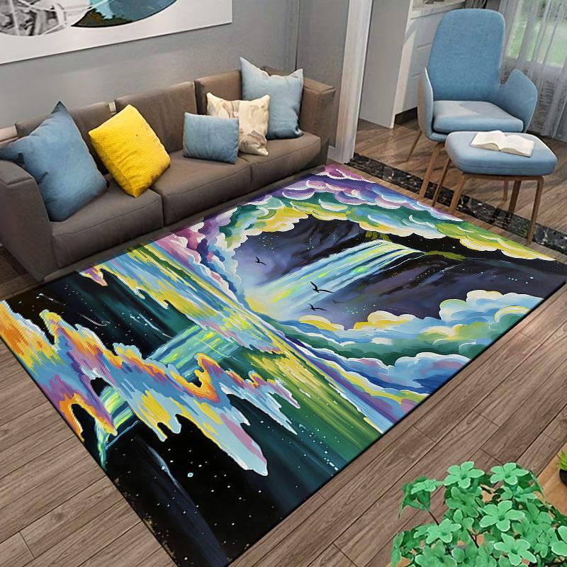 Colorful Waterfall Landscape Carpet with Starry Sky and Clouds Design Suitable for Use As an Anti-slip for Living Room Bedroom Sofas